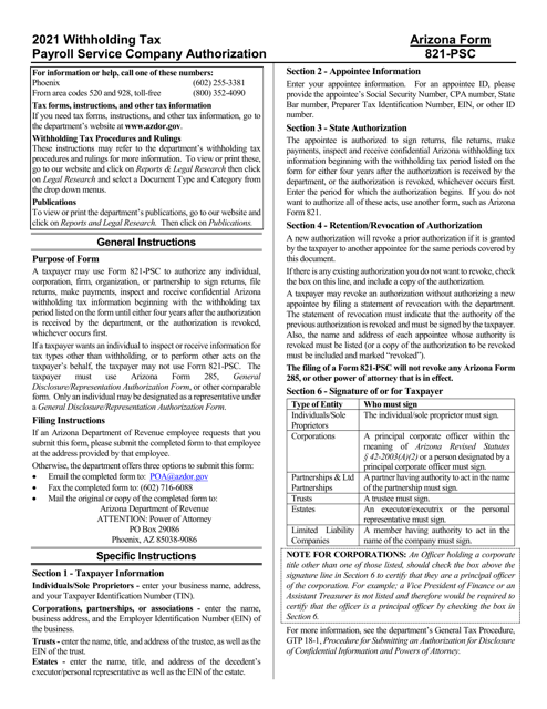 Arizona Form 821-PSC, ADOR11154 2021 Printable Pdf