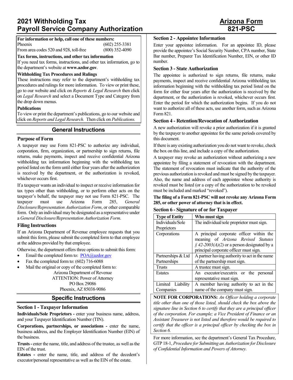 Instructions for Arizona Form 821-PSC, ADOR11154 Withholding Tax Payroll Service Company Authorization - Arizona, Page 1