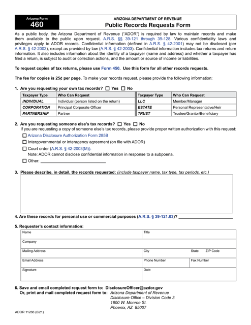 Arizona Form 460 (ADOR11288) Public Records Requests Form - Arizona