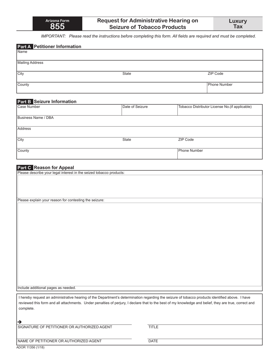 Arizona Form 855 (ADOR11356) Request for Administrative Hearing on Seizure of Tobacco Products - Arizona, Page 1