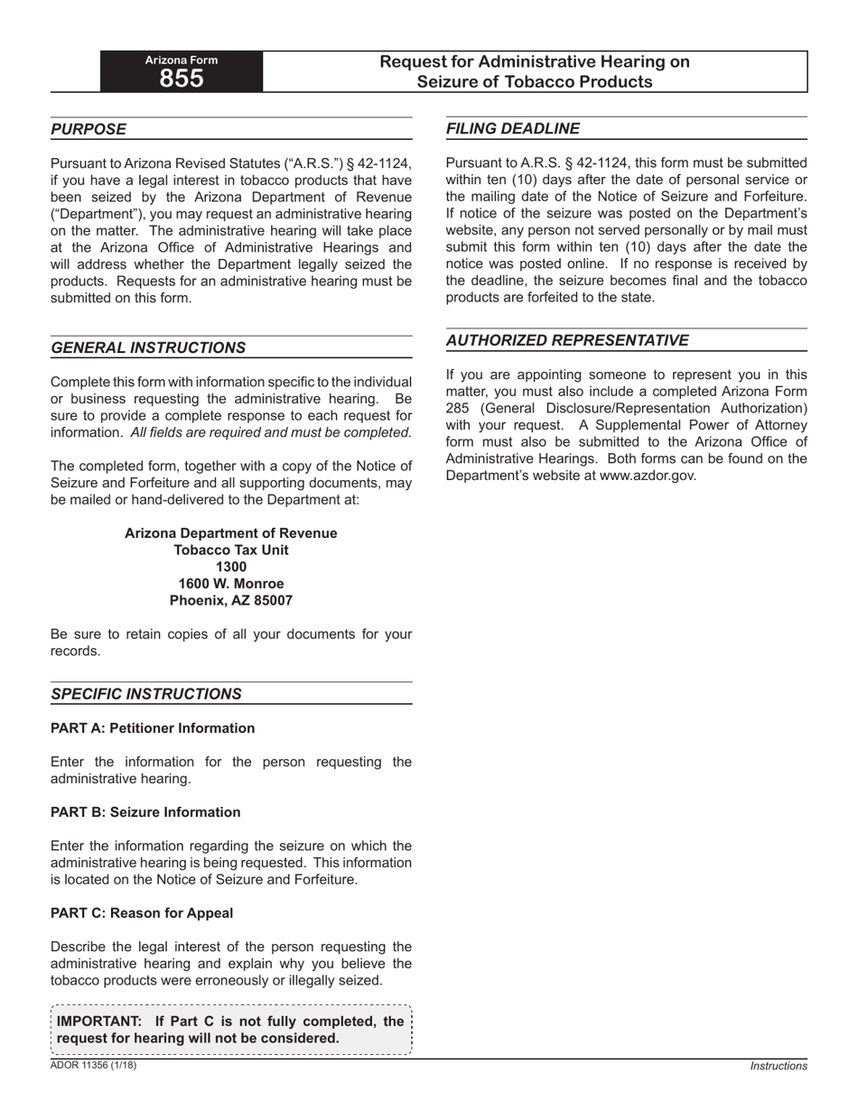 Arizona Form 855 (ADOR11356) Request for Administrative Hearing on Seizure of Tobacco Products - Arizona, Page 2