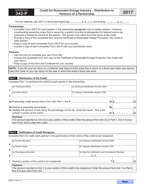 Arizona Form 342-P (ADOR11330)  Printable Pdf