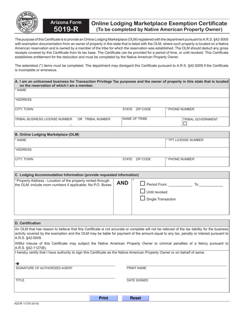 Arizona Form 5019-R (ADOR11378) Online Lodging Marketplace Exemption Certificate - Arizona