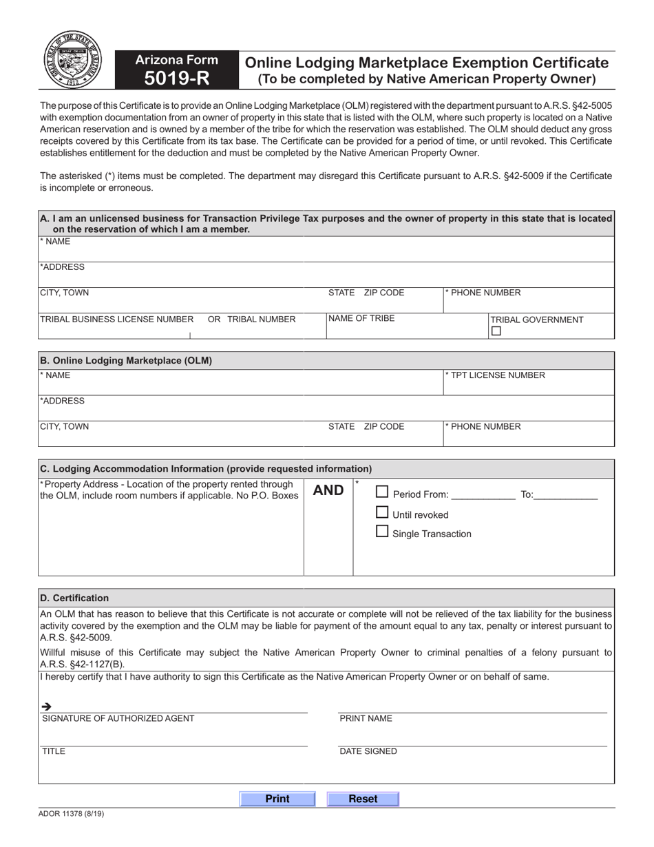 Arizona Form 5019-R (ADOR11378) Online Lodging Marketplace Exemption Certificate - Arizona, Page 1