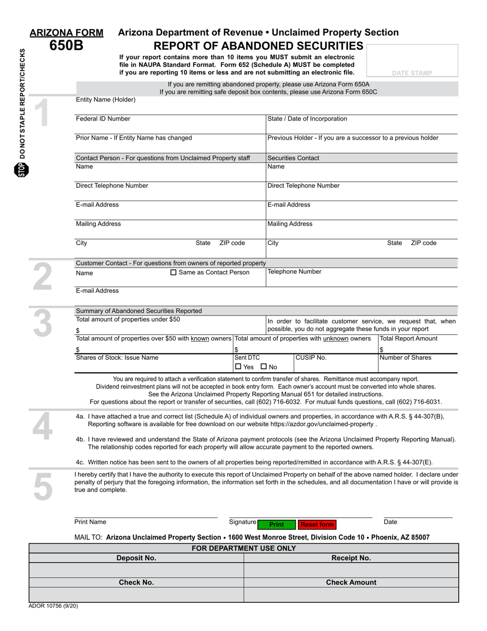 Arizona Form 650B (ADOR10756) Report of Abandoned Securities - Arizona, Page 1