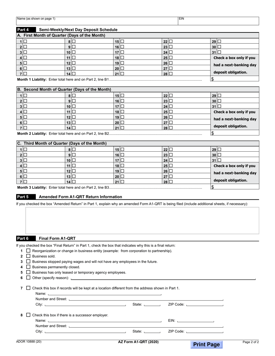 Arizona Form A1-QRT (ADOR10888) Arizona Quarterly Withholding Tax Return - Arizona, Page 2