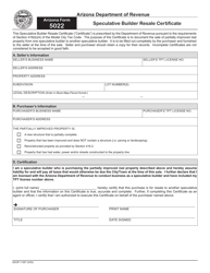 Document preview: Arizona Form 5022 (ADOR11387) Speculative Builder Resale Certificate - Arizona