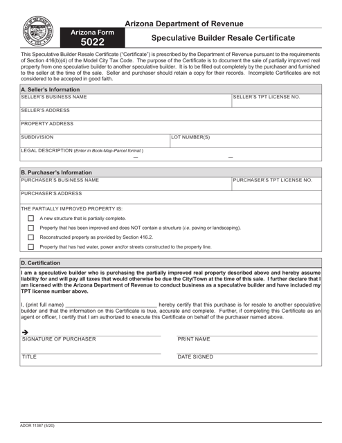Arizona Form 5022 (ADOR11387) Speculative Builder Resale Certificate - Arizona