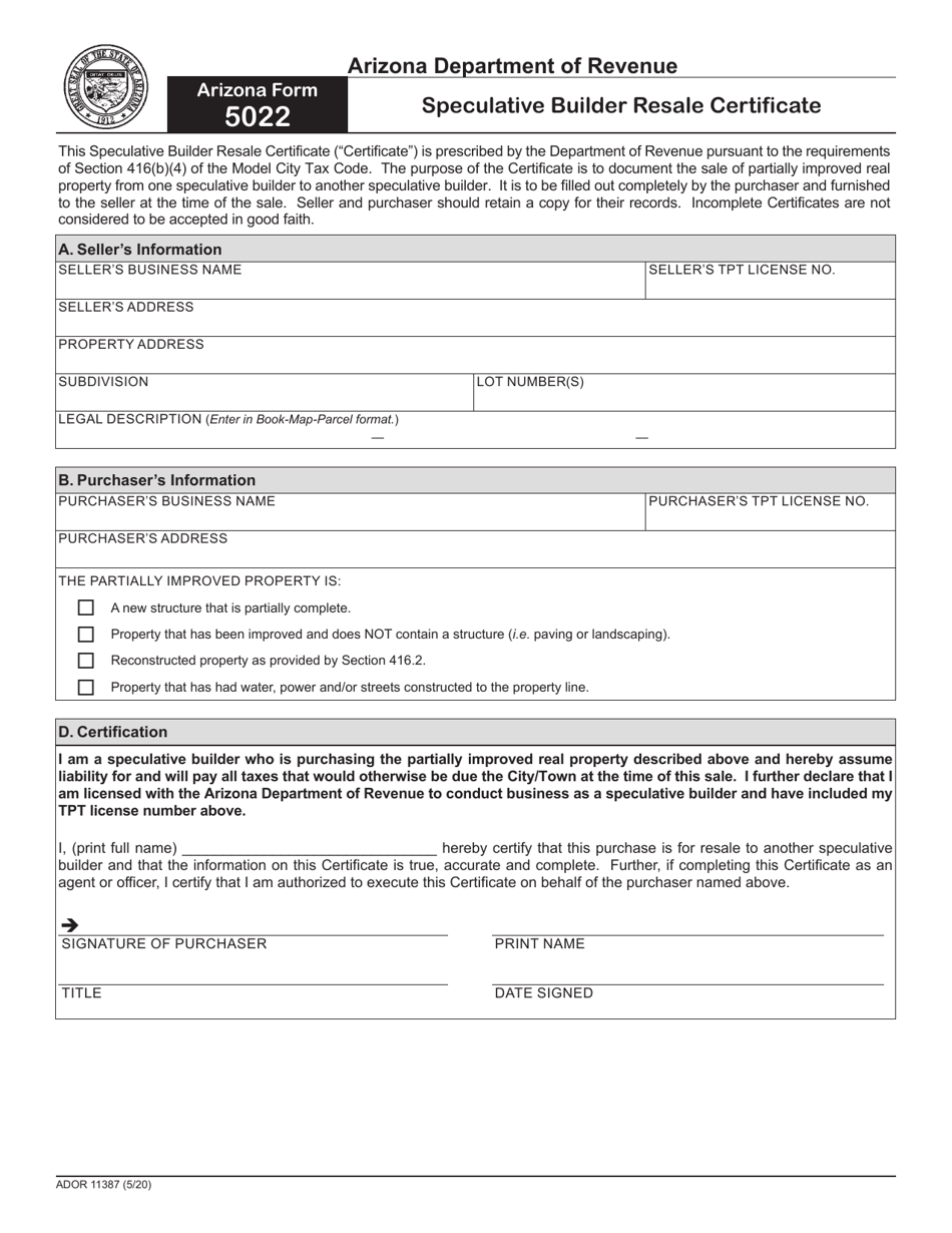 Arizona Form 5022 (ADOR11387) Speculative Builder Resale Certificate - Arizona, Page 1