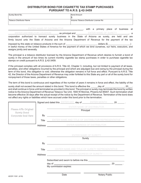 Form ADOR11361 Distributor Bond for Cigarette Tax Stamp Purchases - Arizona