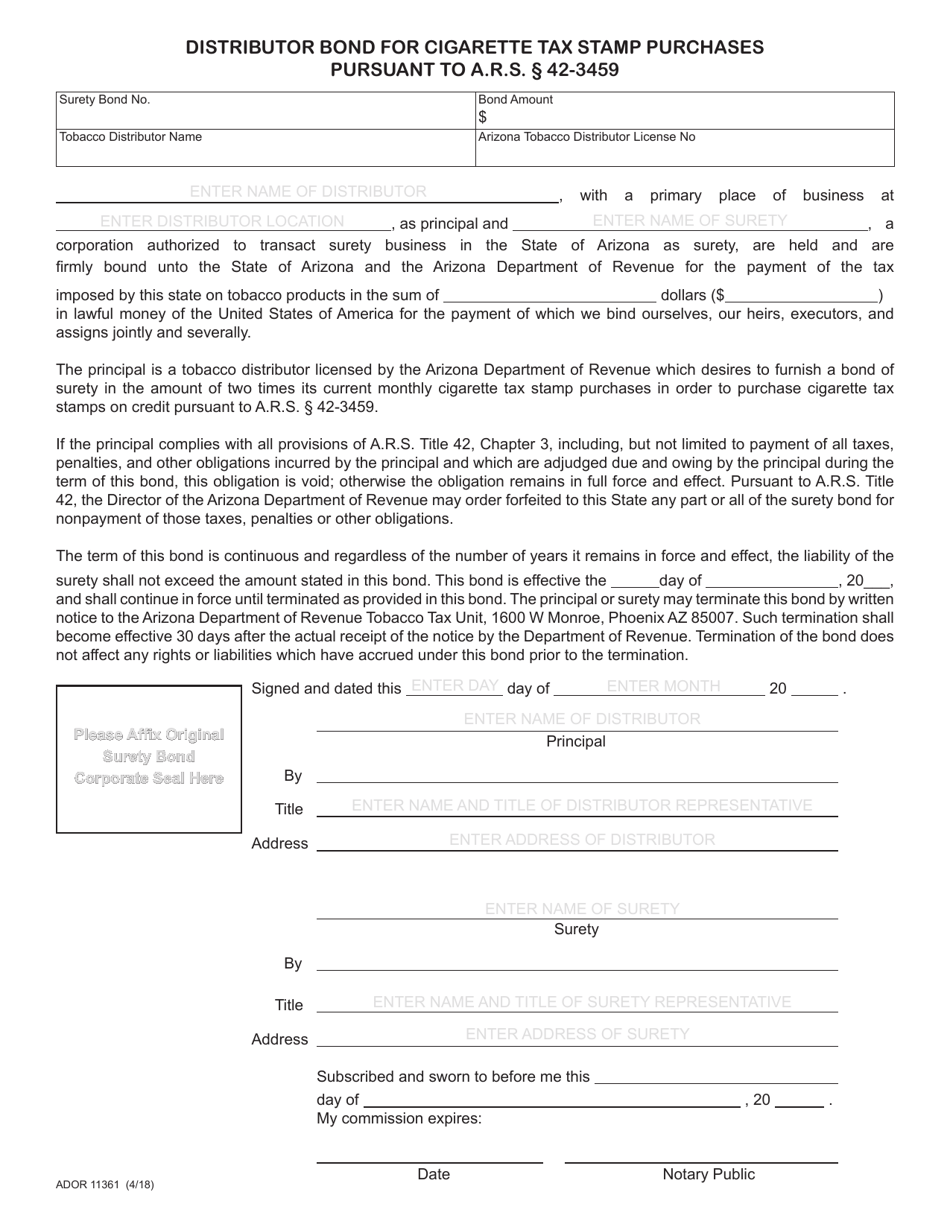 Form ADOR11361 Distributor Bond for Cigarette Tax Stamp Purchases - Arizona, Page 1