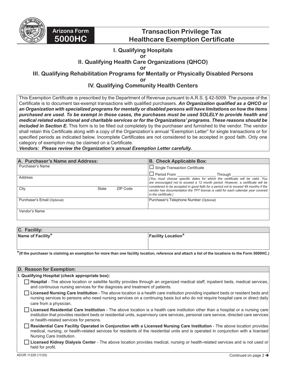 Arizona Form 5000HC (ADOR11228) Transaction Privilege Tax Healthcare Exemption Certificate - Arizona, Page 1