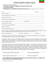 Document preview: Form DOR82009 R-S Affidavit of Property Owner's Lease to Church, Religious Assembly, Religious Institution, Charter School, or Residential Treatment and Education Facility - Arizona