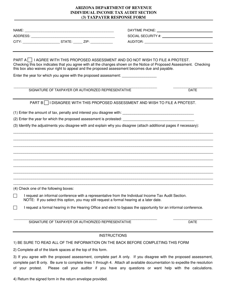 Taxpayer Response Form - Arizona, Page 1