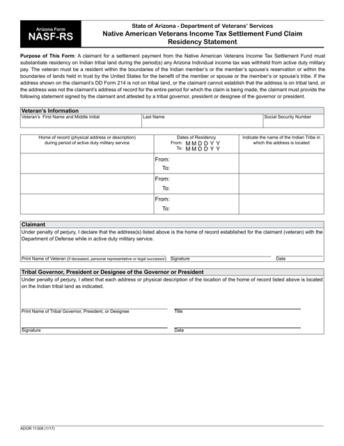 Arizona Form NASF-RS (ADOR11308) Native American Veterans Income Tax Settlement Fund Claim Residency Statement - Arizona