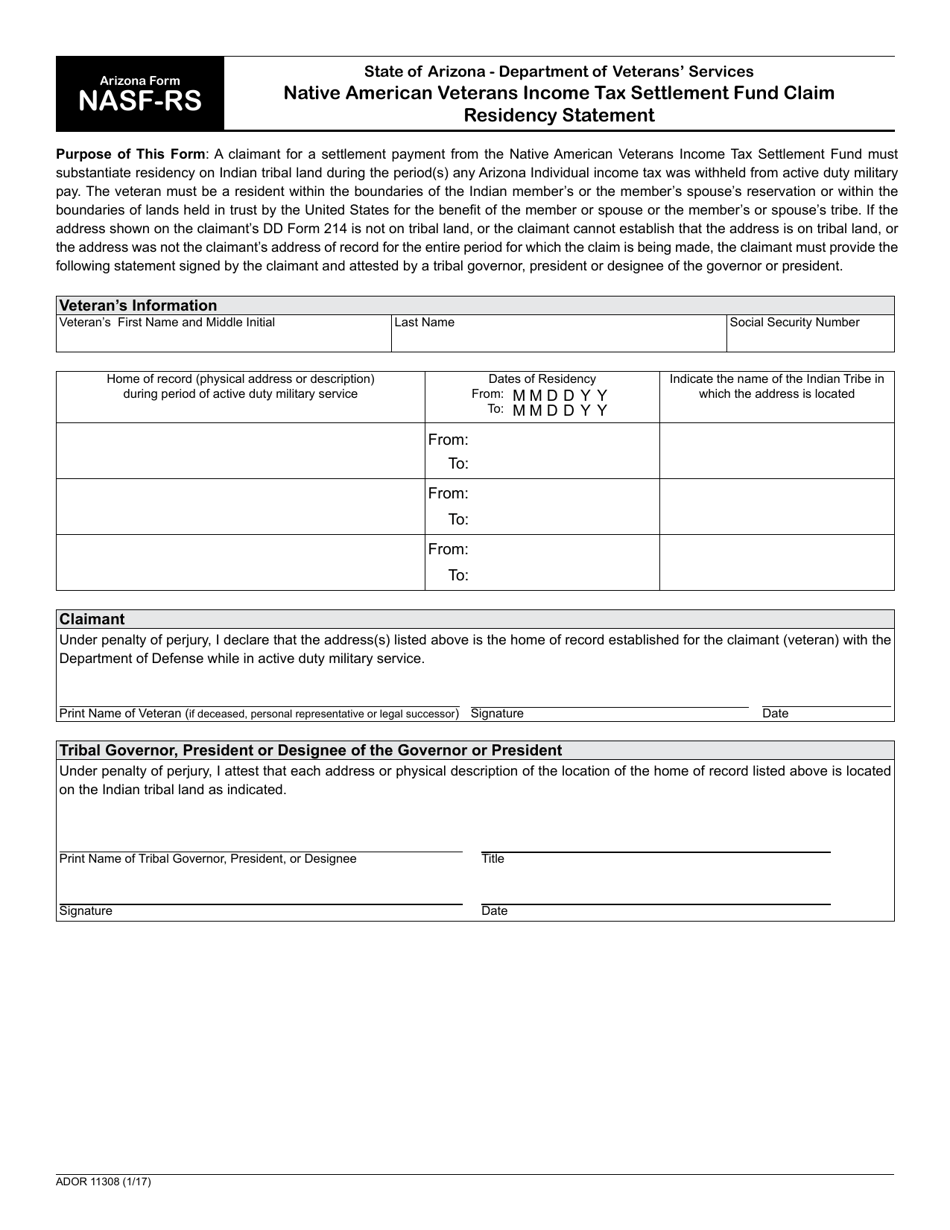 Arizona Form NASF-RS (ADOR11308) Native American Veterans Income Tax Settlement Fund Claim Residency Statement - Arizona, Page 1