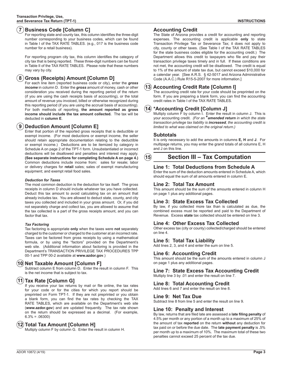 Instructions for Form TPT-1, ADOR10872 Transaction Privilege, Use, and Severance Tax Return - Arizona, Page 3