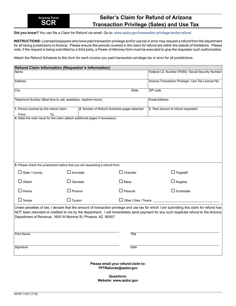 Arizona Form SCR (ADOR11301) Sellers Claim for Refund of Arizona Transaction Privilege (Sales) and Use Tax - Arizona, Page 1