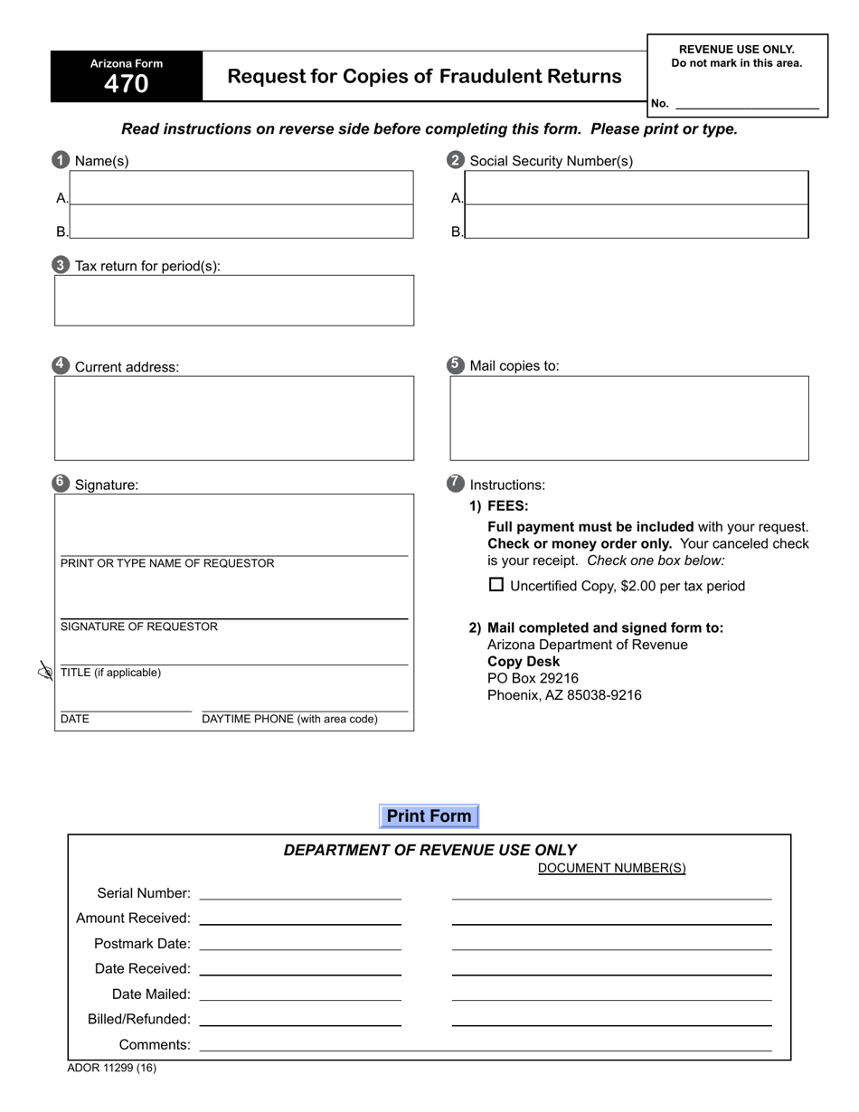Arizona Form 470 (ADOR11299) Request for Copies of Fraudulent Returns - Arizona, Page 1