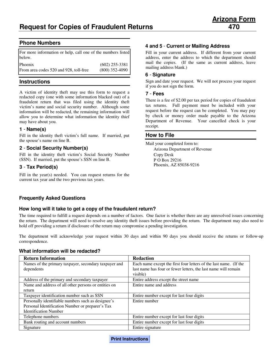 Arizona Form 470 (ADOR11299) Request for Copies of Fraudulent Returns - Arizona, Page 2