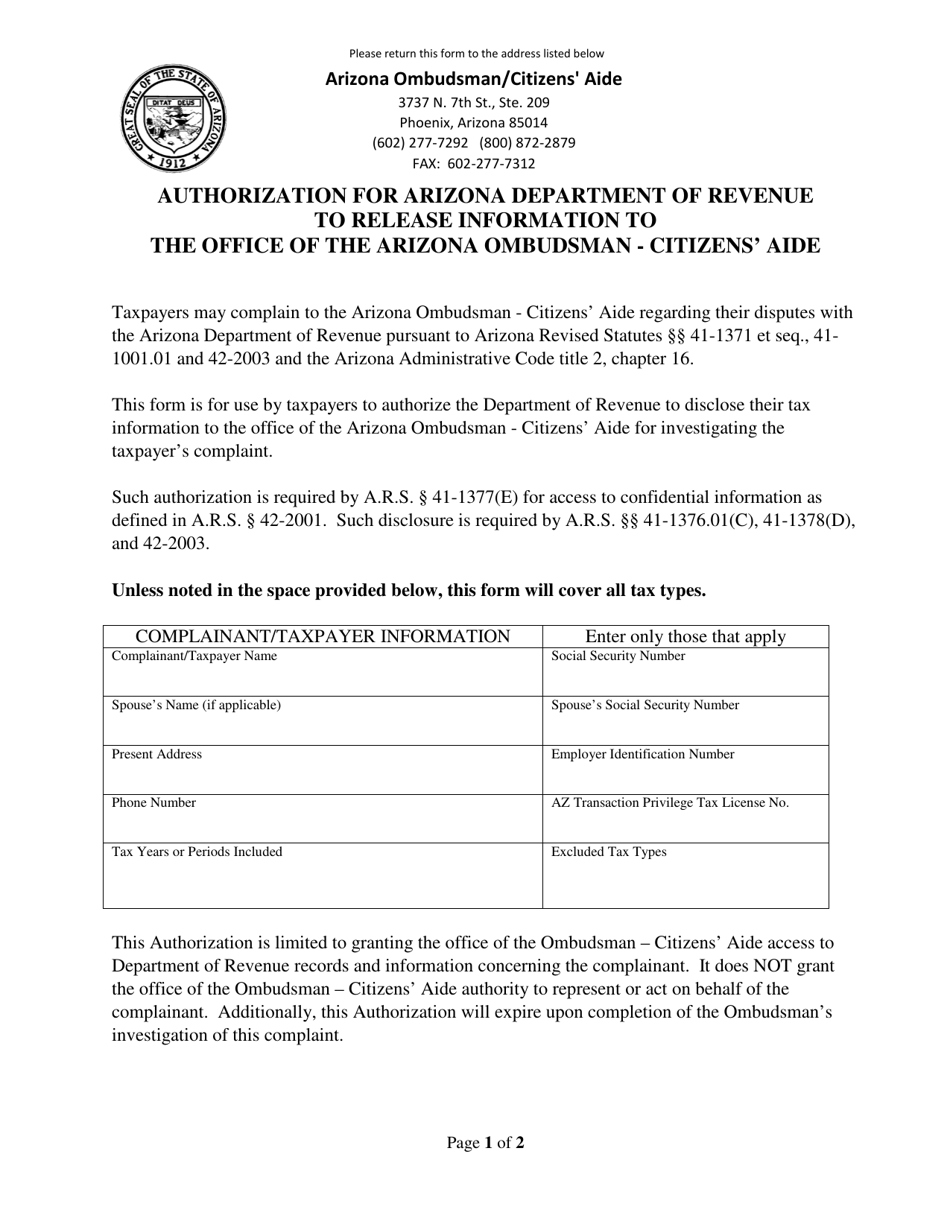 Authorization for Arizona Department of Revenue to Release Information to the Office of the Arizona Ombudsman - Citizens Aide - Arizona, Page 1