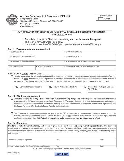 Form ADOR10366 Authorization for Electronic Funds Transfer and Disclosure Agreement - for Credit Filers - Arizona