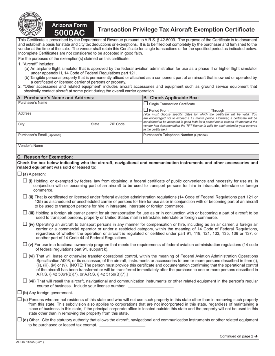 Arizona Form 5000AC (ADOR11345) Transaction Privilege Tax Aircraft Exemption Certificate - Arizona, Page 1