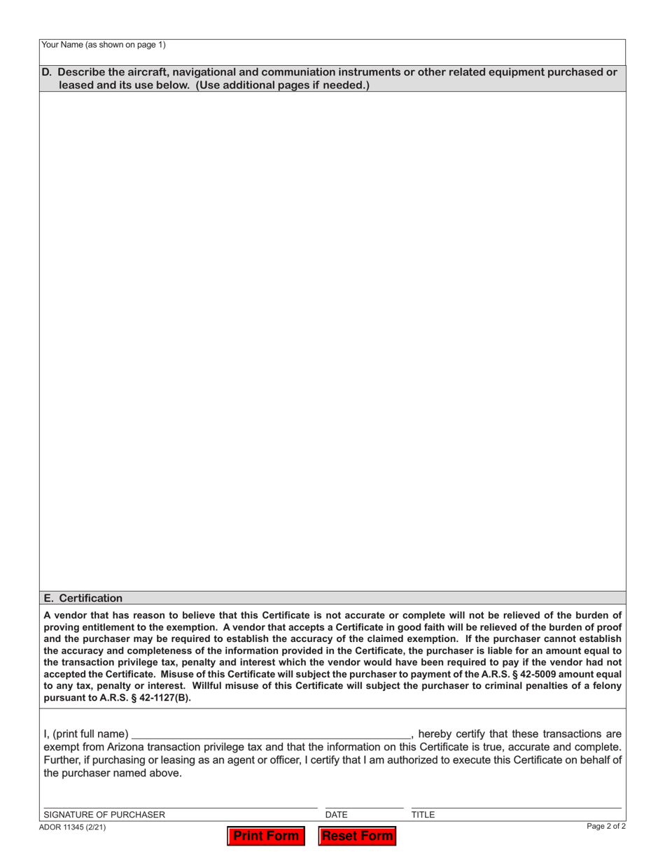 Arizona Form 5000AC (ADOR11345) Transaction Privilege Tax Aircraft Exemption Certificate - Arizona, Page 2