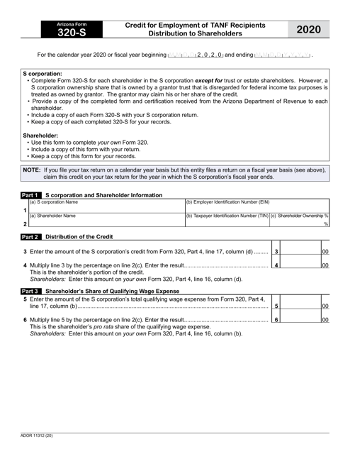 Arizona Form 320-S (ADOR11312) 2020 Printable Pdf