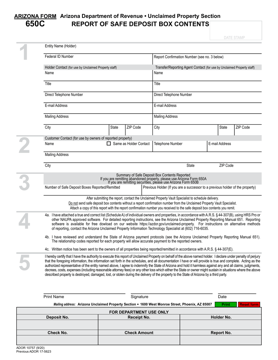 Arizona Form 650C (ADOR10757) Report of Safe Deposit Box Contents - Arizona, Page 1