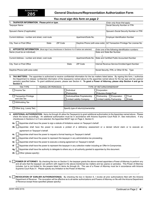 Arizona Form 285 (ADOR10952)  Printable Pdf