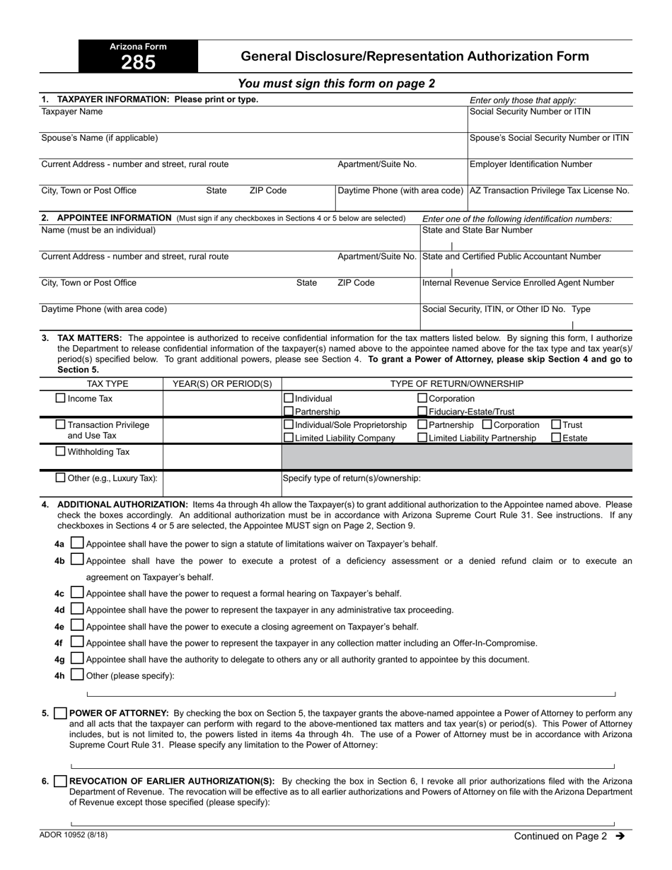 Arizona Form 285 (ADOR10952) General Disclosure / Representation Authorization Form - Arizona, Page 1
