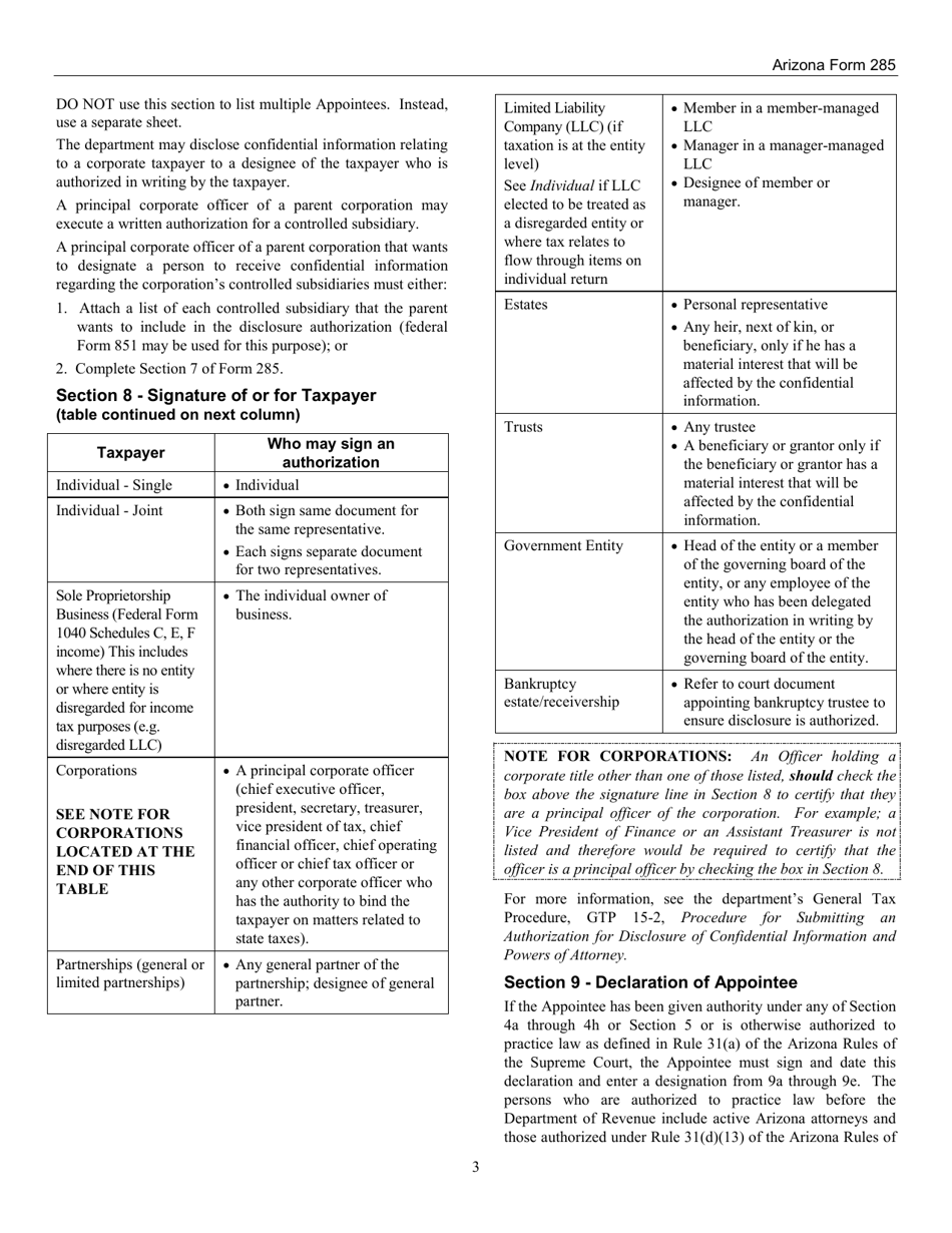 Instructions for Arizona Form 285, ADOR10952 General Disclosure / Representation Authorization Form - Arizona, Page 3