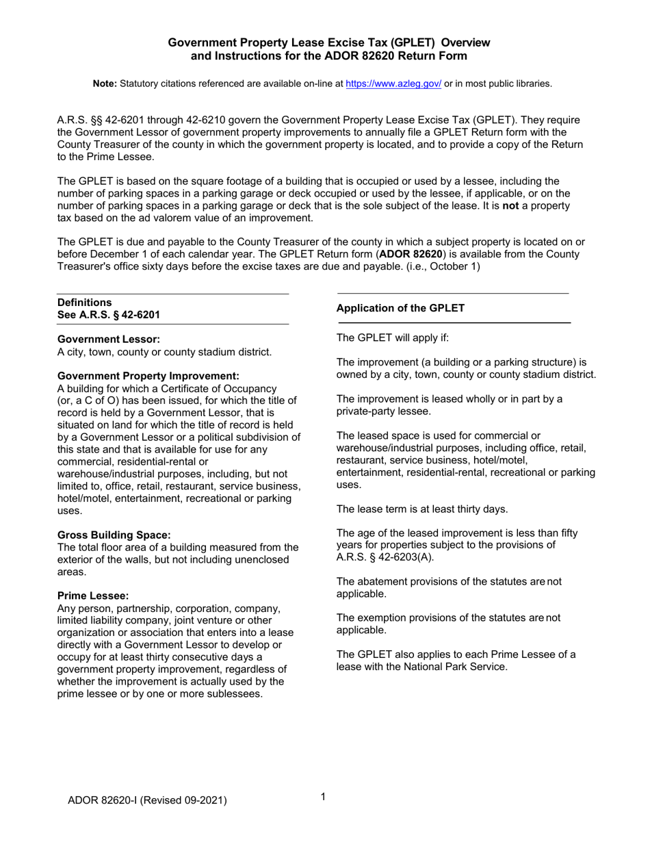 Instructions for Form ADOR82620 Government Property Lease Excise Tax (Gplet) Return Form - Arizona, Page 1