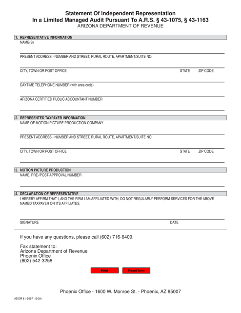 Form ADOR81-5597 Statement of Independent Representation in a Limited Managed Audit - Arizona