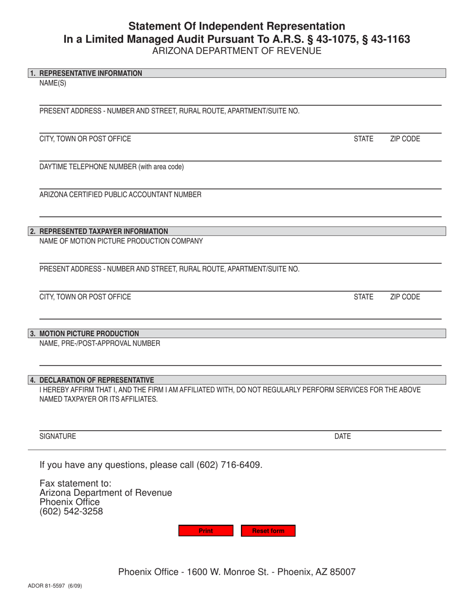 Form ADOR81-5597 Statement of Independent Representation in a Limited Managed Audit - Arizona, Page 1