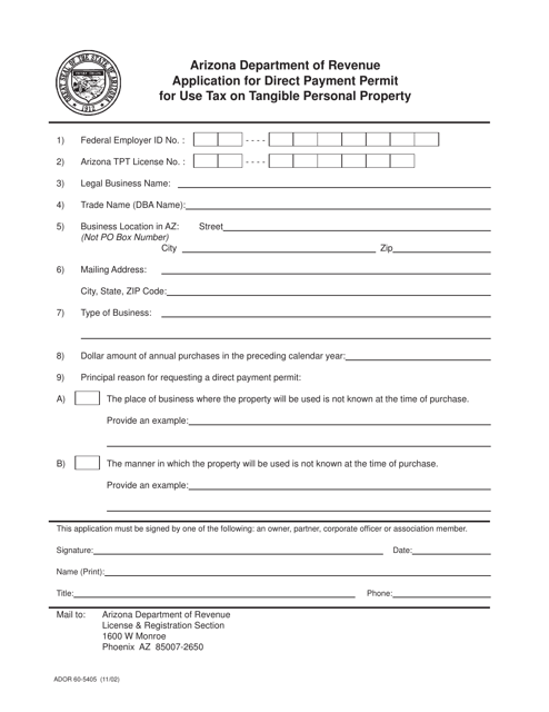 Form ADOR60-5405 Application for Direct Payment Permit for Use Tax on Tangible Personal Property - Arizona
