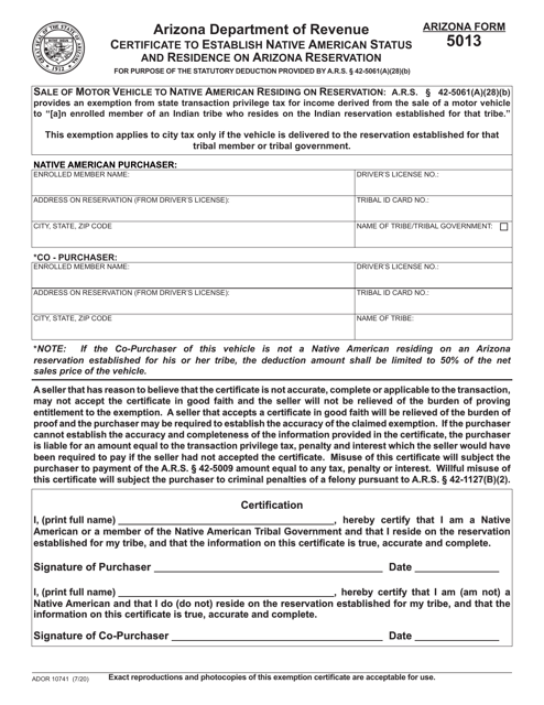 Arizona Form 5013 (ADOR10741) Certificate to Establish Native American Status and Residence on Arizona Reservation - Arizona