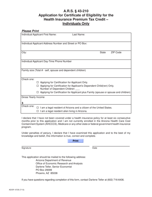 Form ADOR10725 Application for Certificate of Eligibility for the Health Insurance Premium Tax Credit - Individuals Only - Arizona