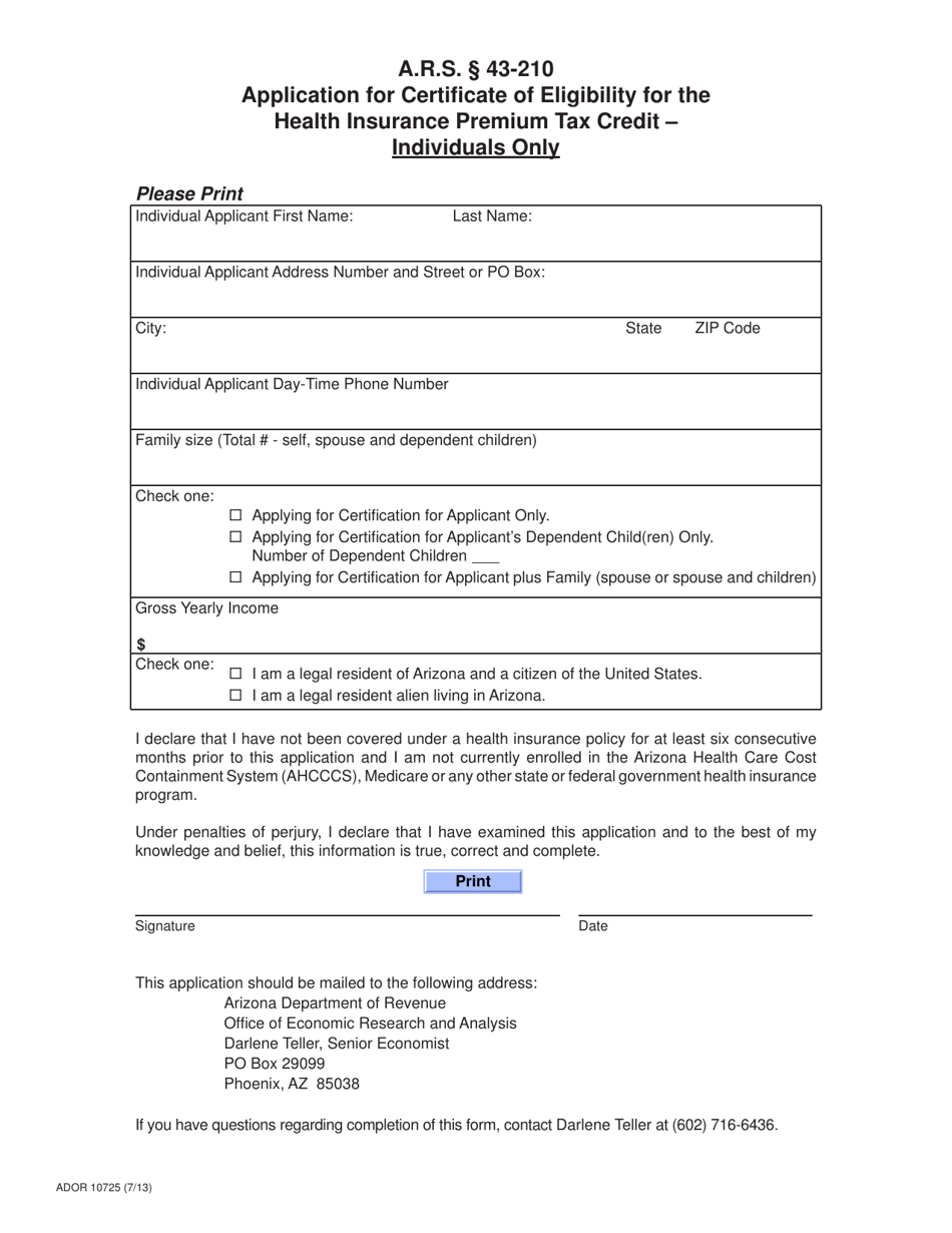 Form ADOR10725 Application for Certificate of Eligibility for the Health Insurance Premium Tax Credit - Individuals Only - Arizona, Page 1