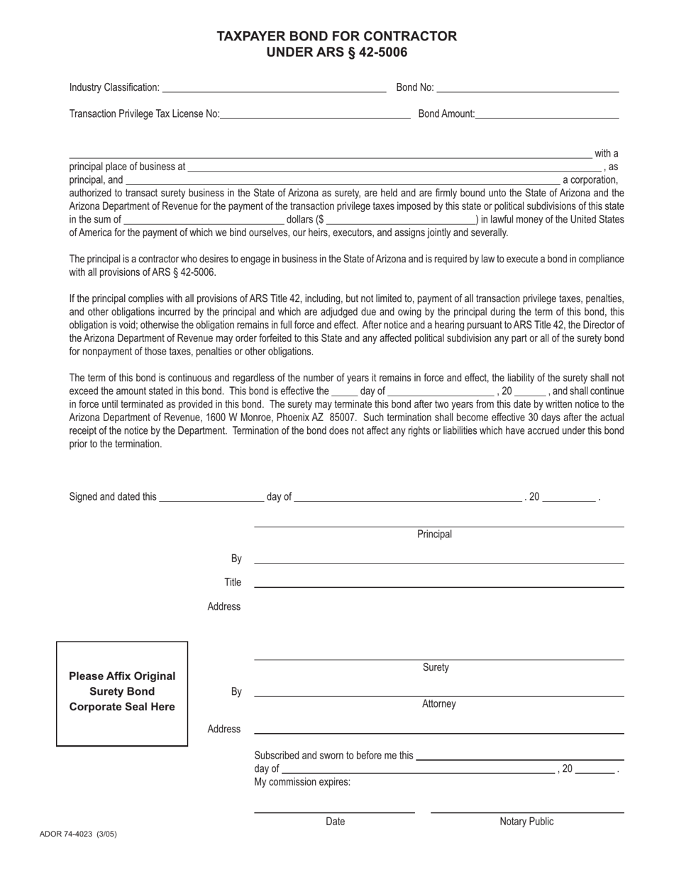 Form ADOR74-4023 Taxpayer Bond for Contractor - Arizona, Page 1