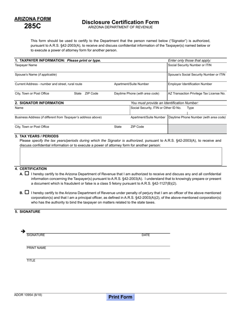 Arizona Form 285C (ADOR10954)  Printable Pdf