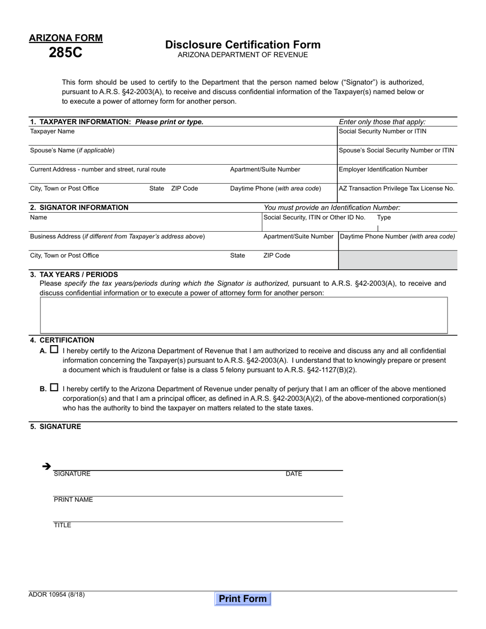 Arizona Form 285C (ADOR10954) Disclosure Certification Form - Arizona, Page 1