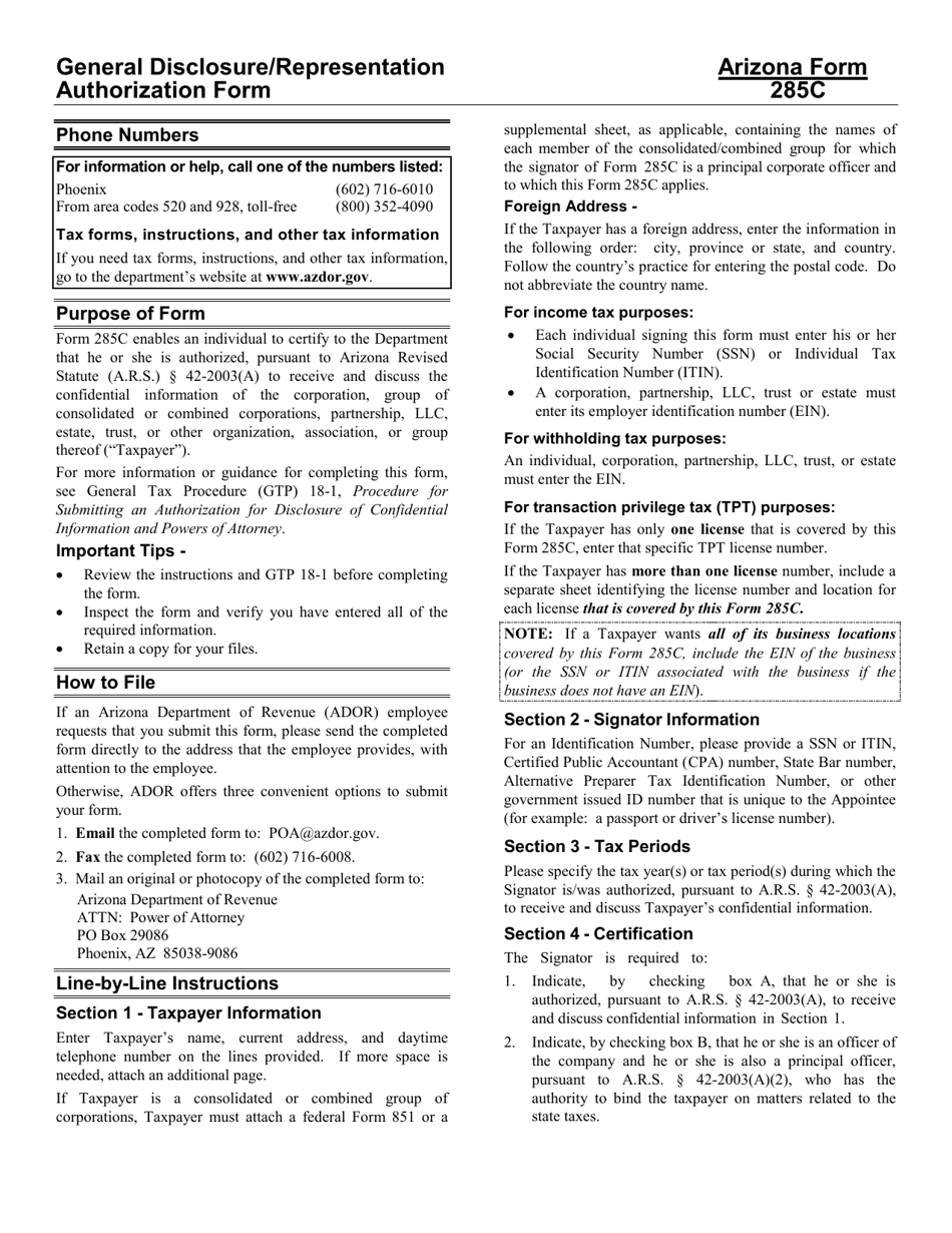 Download Instructions for Arizona Form 285C, ADOR10954 Disclosure Certification Form PDF