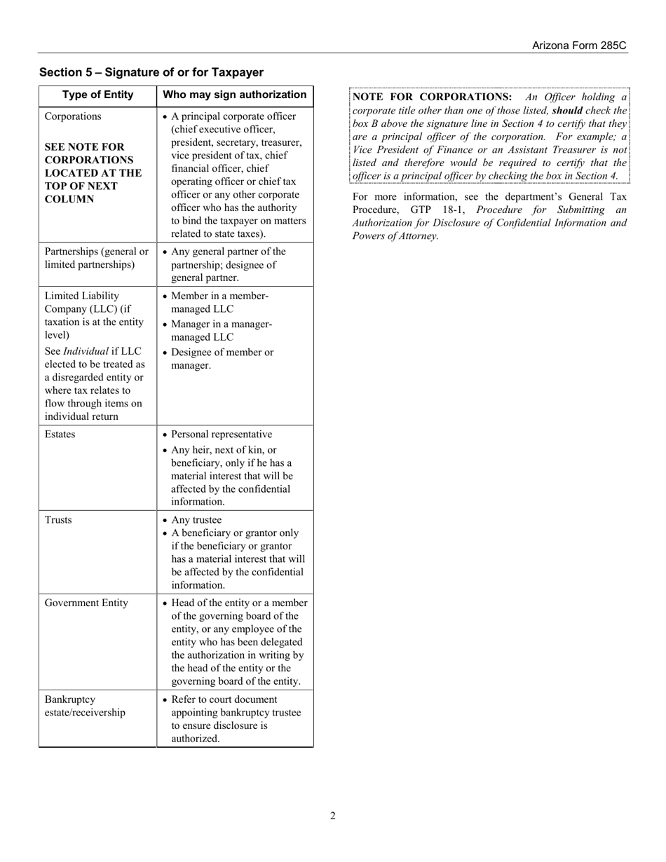 Instructions for Arizona Form 285C, ADOR10954 Disclosure Certification Form - Arizona, Page 2