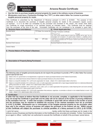 Document preview: Arizona Form 5000A (ADOR10316) Arizona Resale Certificate - Arizona