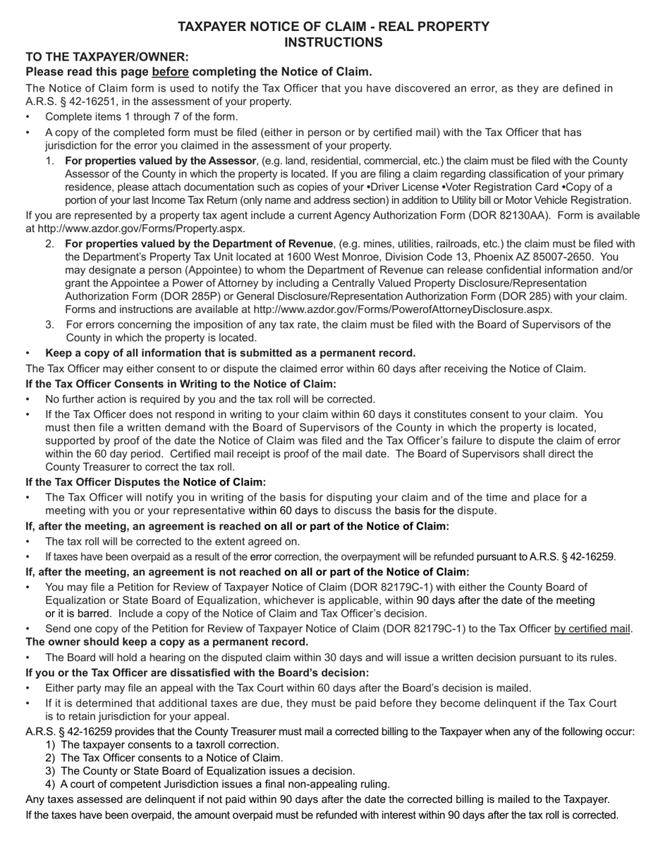 Form DOR82179B Taxpayer Notice of Claim - Real Property - Arizona, Page 1