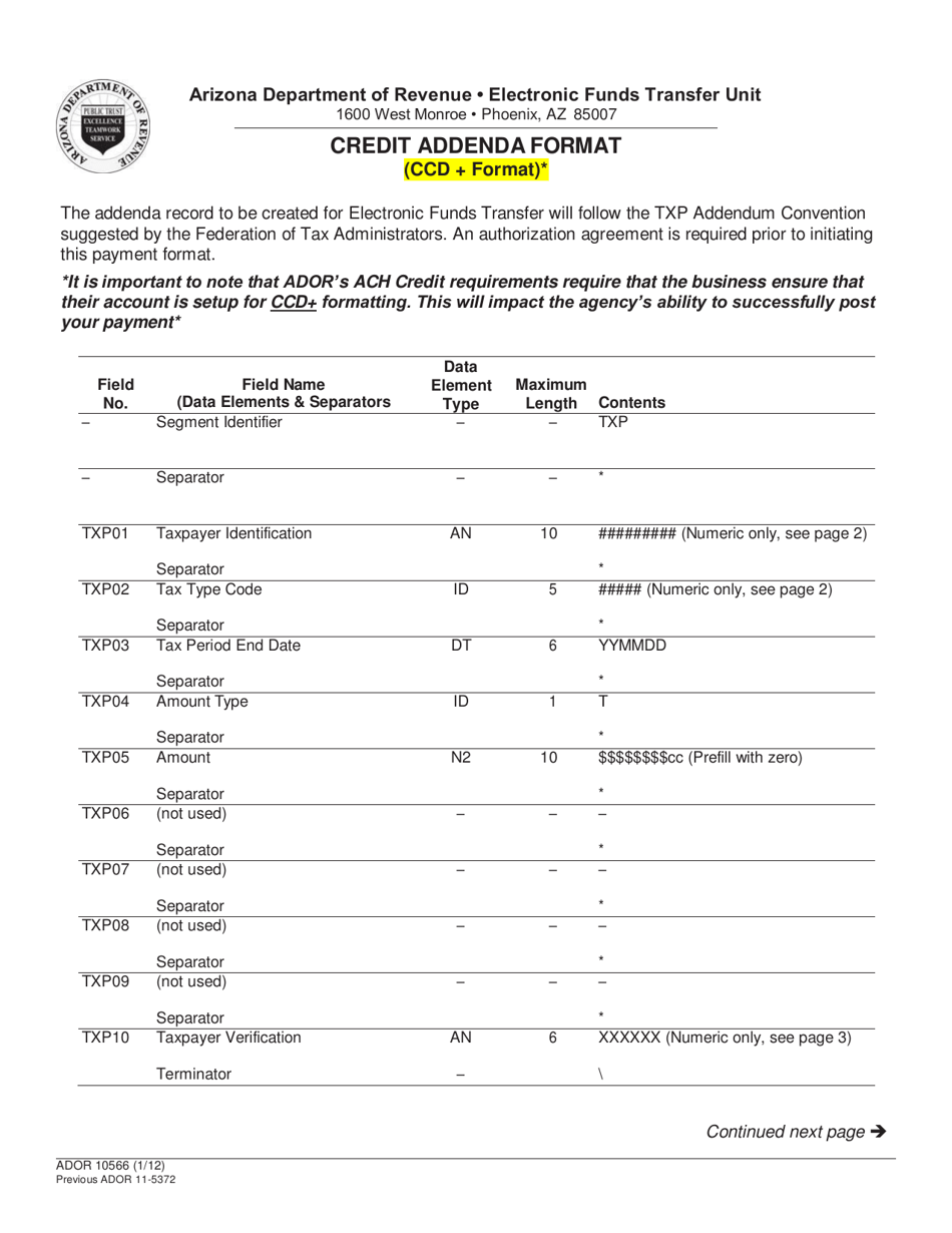 Form ADOR10566 Credit Addenda Format - Arizona, Page 1