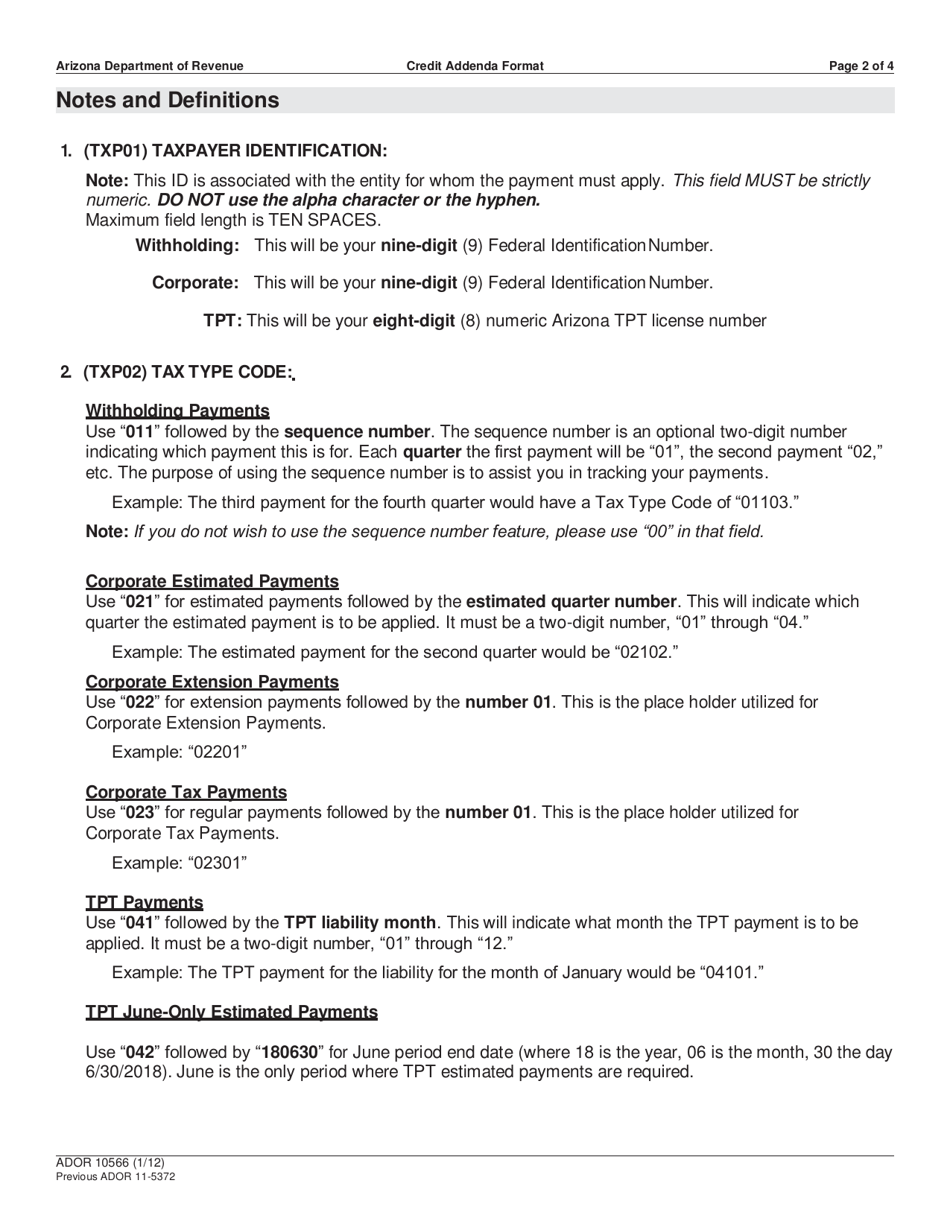Form ADOR10566 Credit Addenda Format - Arizona, Page 2