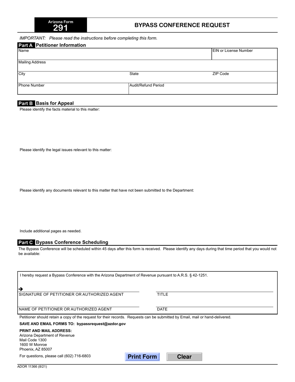 Arizona Form 291 (ADOR11366) Bypass Conference Request - Arizona, Page 1